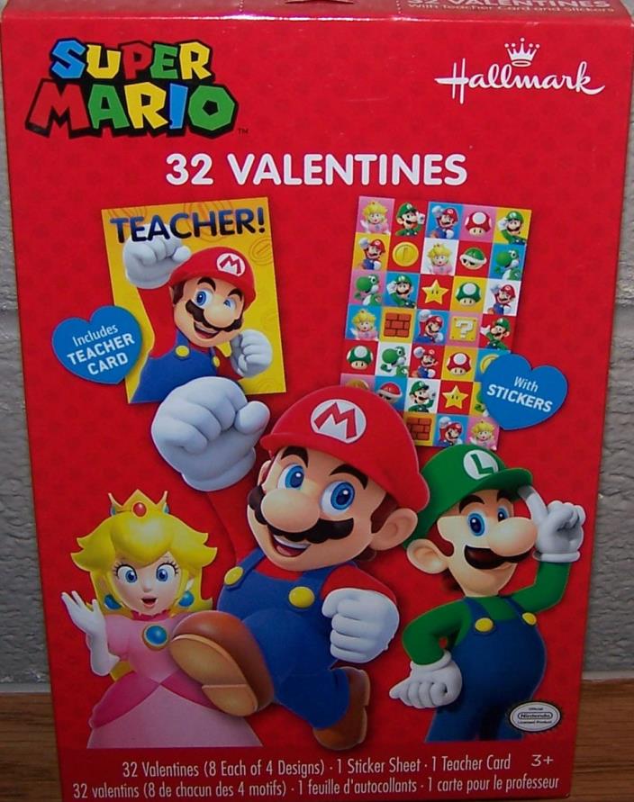 Valentines Day Cards (Box of 32) Hallmark Super Mario with Teacher Card Stickers