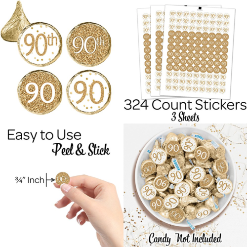 90Th Birthday Party Favor Stickers WHITE & GOLD 324 Ct PARTY