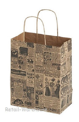 Paper Bags 25 Newsprint News Print Gift Flat Shopping 8 ¼ x 4 ¾ x 10 ½ Cub
