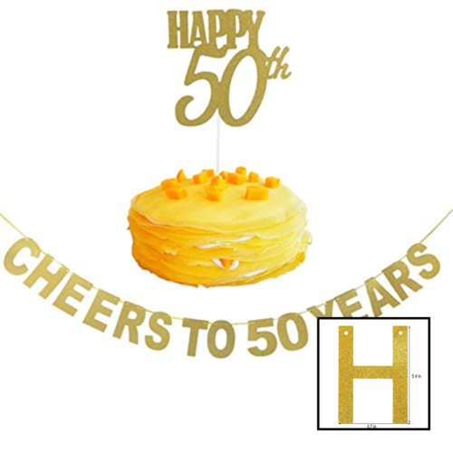 Cheers To 50 Years Banner & Happy 50Th Cake Topper GOLD Glitter For Glitter
