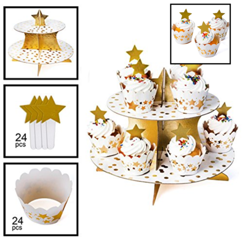 Black & GOLD Supplies – BLACK Cupcake Stand 24 Wrappers Toppers Themed Party Bac