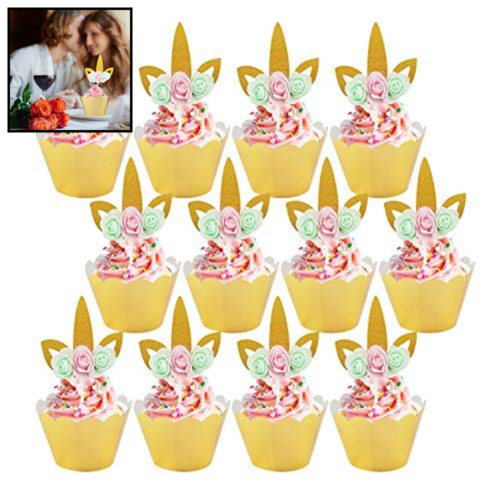Unicorn Cupcake Toppers W GOLD Wrappers Cake Decorations For Kids Party Bir Gold