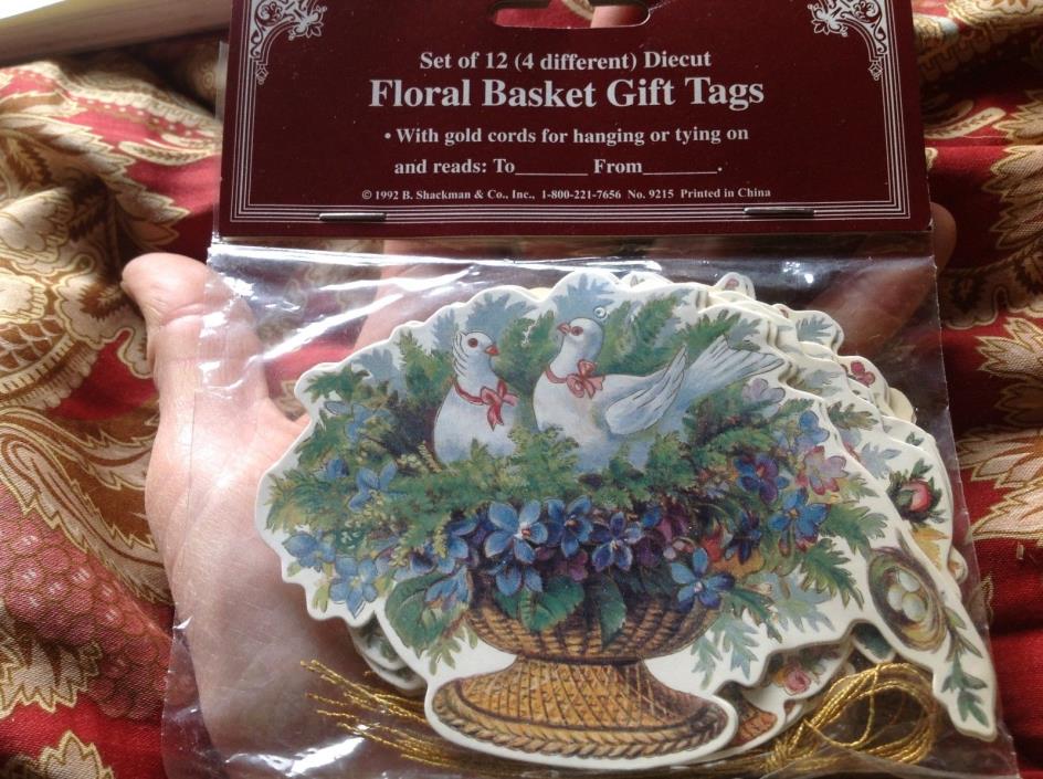 12 Christmas Floral Basket Gift Tags 4 Different w/ Gold Cords For Tying To:From