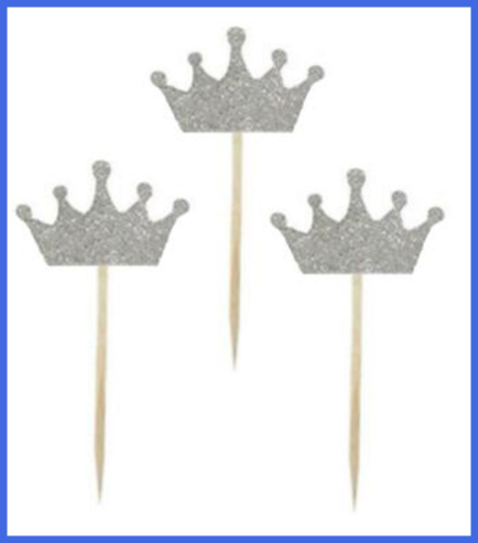 25 Pack SILVER Glitter Crown Cupcake Toppers For Birthday Party Baby Shower Deco