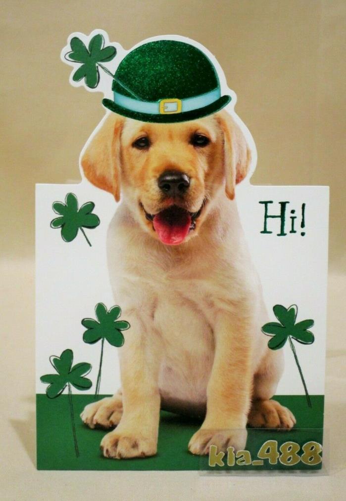 St. Patrick's Day Card DOG Lab in GREEN HAT-SHAMROCKS-GLITTER American Greetings