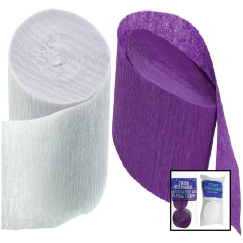 PURPLE & WHITE Crepe Paper Streamers 2 Rolls Each Color MADE IN USA