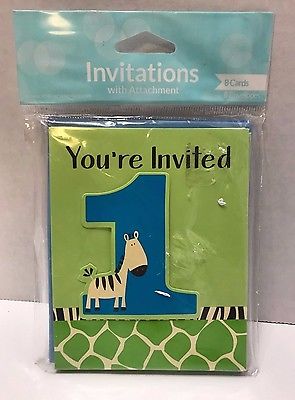 Baby's 1st Birthday Party Invites Zebra Green Blue 8 with Envelopes Party NEW