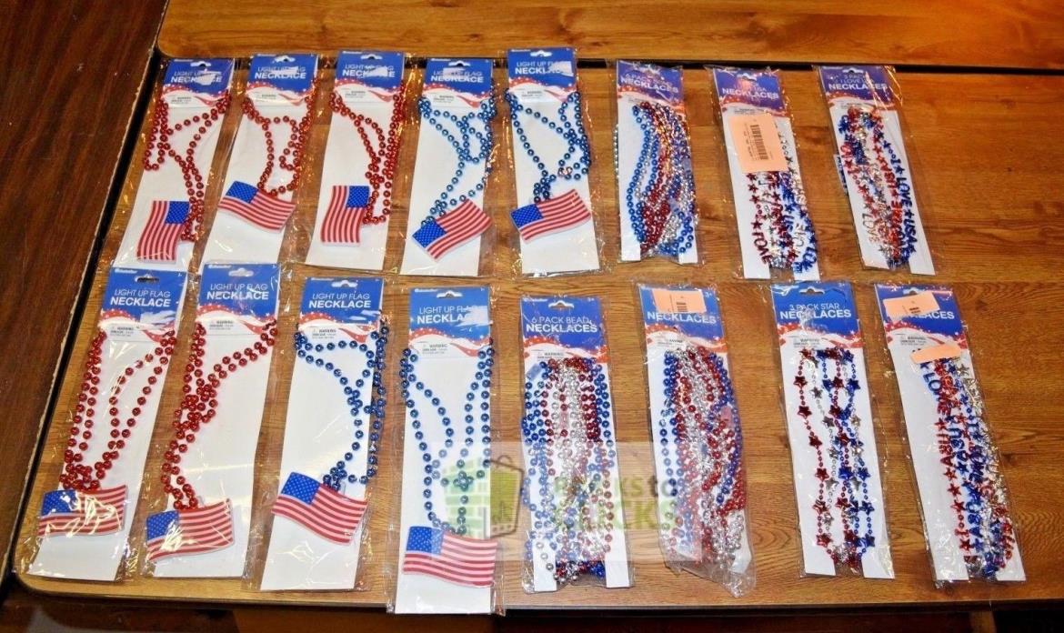 Light Up Flag Necklace, Bead Necklace, Star Necklace & Love USA Necklace Lot X16