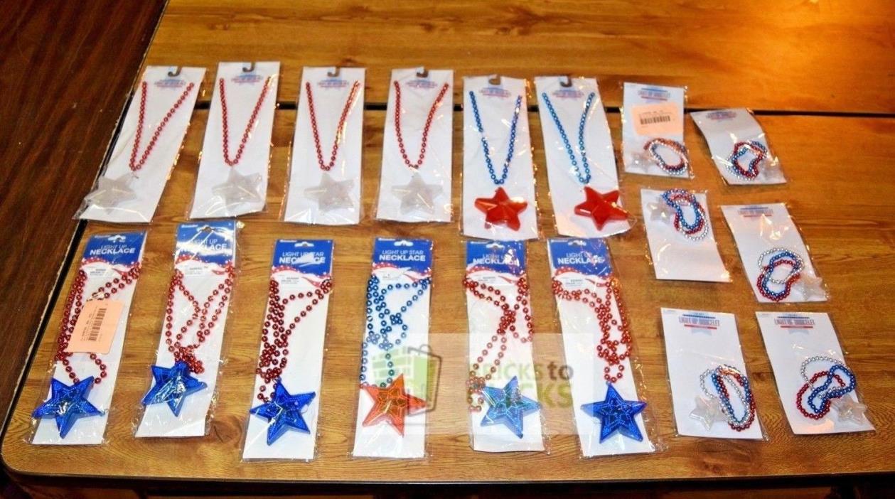 IQ Accessories- Light Up Star Necklace and Bracelet, Red, White, Blue Lot X18