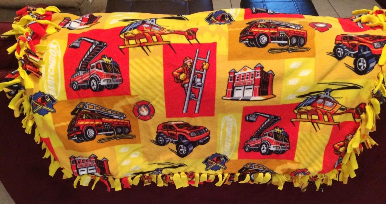 Matchbox Fleece Hand Made with Ties at End Firemen  Engine & Helicopter Blanket
