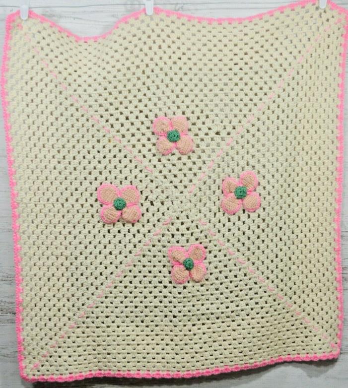 White and pink crocheted baby blanket afghan