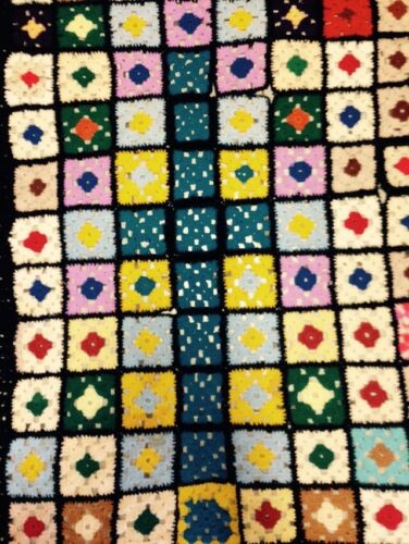 Vintage Hand Crochet Granny Squares Throw or Twin Blanket Size 45 X 31 Cross