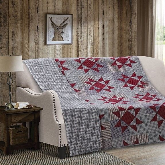 Farmhouse RED and GREY Star Printed Quilted Throw Primitive Country Lodge