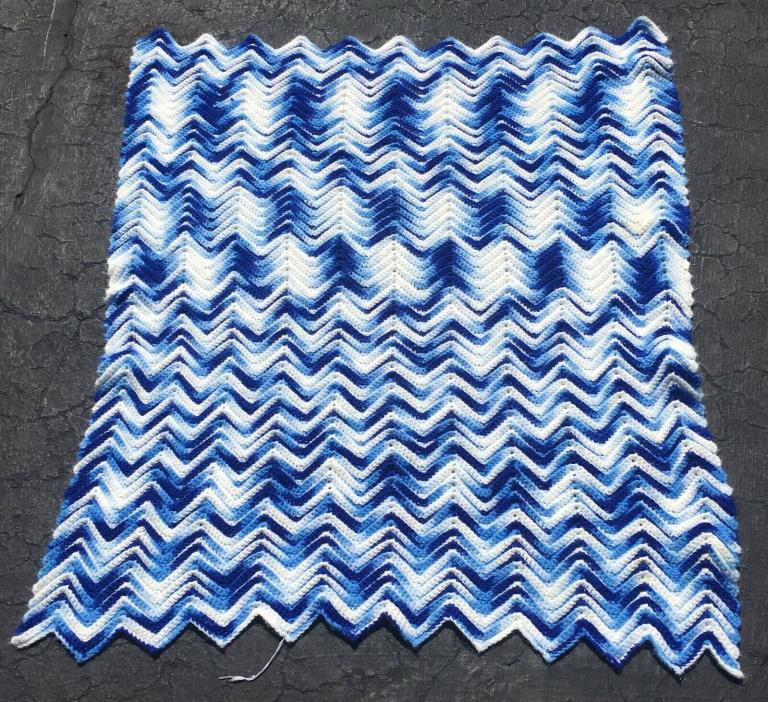 Vintage 1970s Wool Crocheted Lap Blanket Throw Blanket Afghan Blue White 44x35