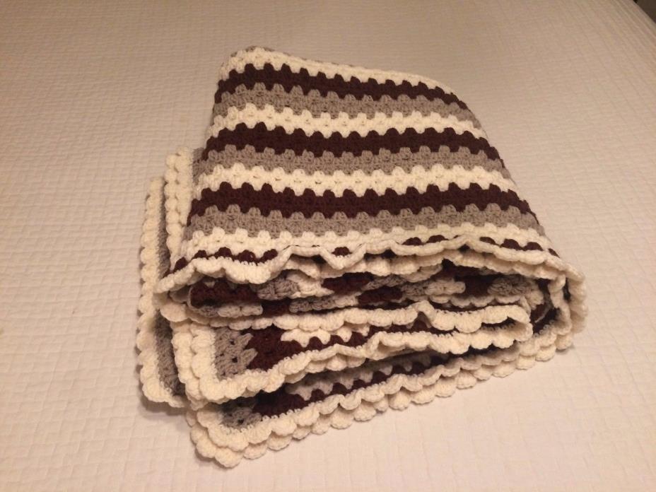Crochet Afghan Blanket Neutral Brown Beige Cream Throw Scalloped Edge