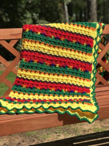 Homemade Afghan Jamaican color schemed Blanket Throw Yellow Red Green 52 x 58