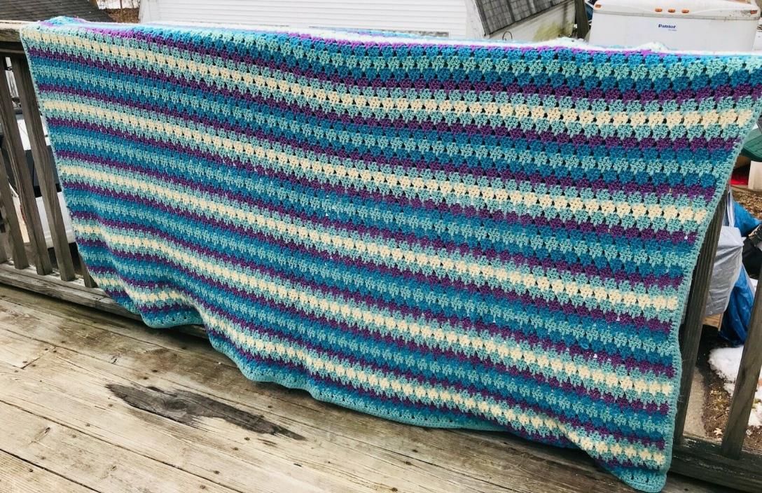 vintage crochet large throw Blanket 88x74 quilt crochet green blue purple yellow