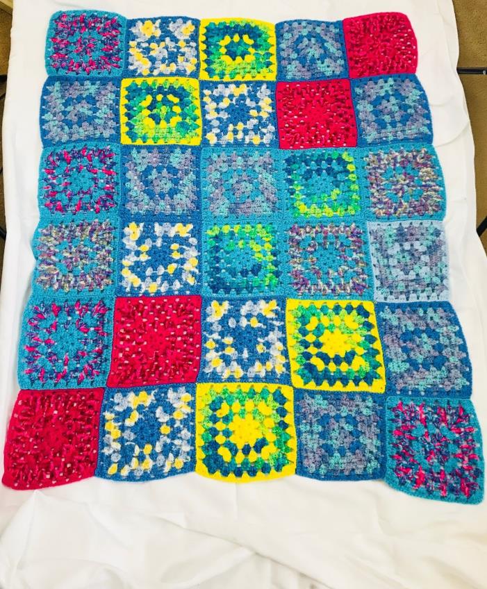 Afghan Throw Blanket Colorful Beautiful 50 x 42 inches Crochet Quilt Squares Kid