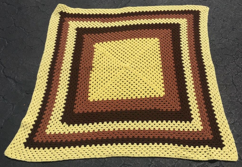 Vintage 1970’s Hand Crochet Wool Afghan Brown Yellow Chocolate Blanket