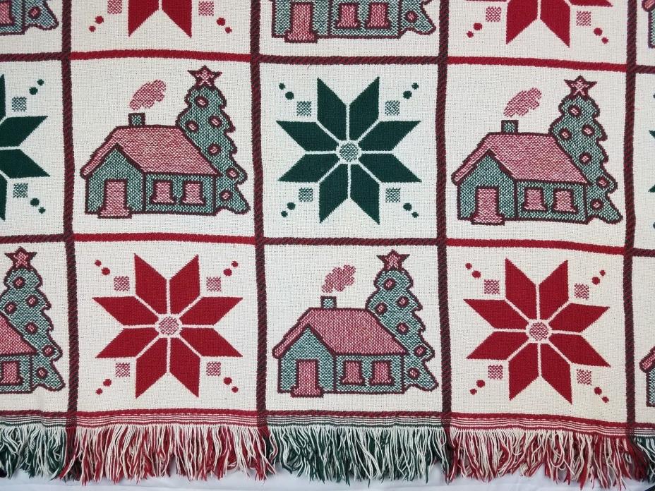 Holiday Throw Blanket Woven 47 x 56 Fringed Snowflake Christmas Tree Red Green