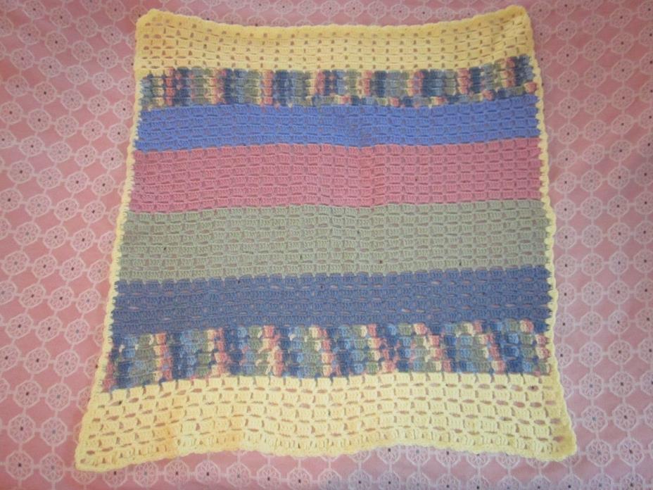 Hand crafted crocheted blue yellow pink green lap throw afghan kids blank 32x38