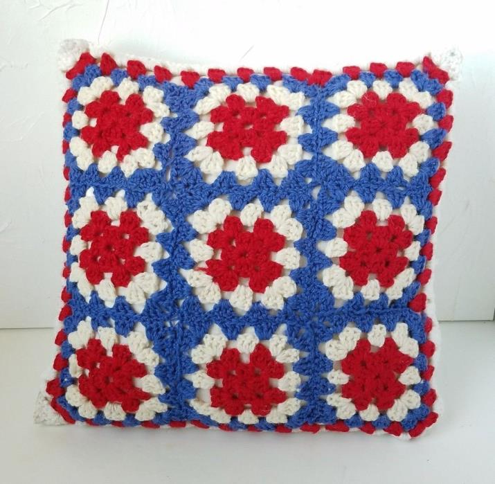Vintage Afghan Crochet Granny Square Pillow Throw Handmade Red Blue