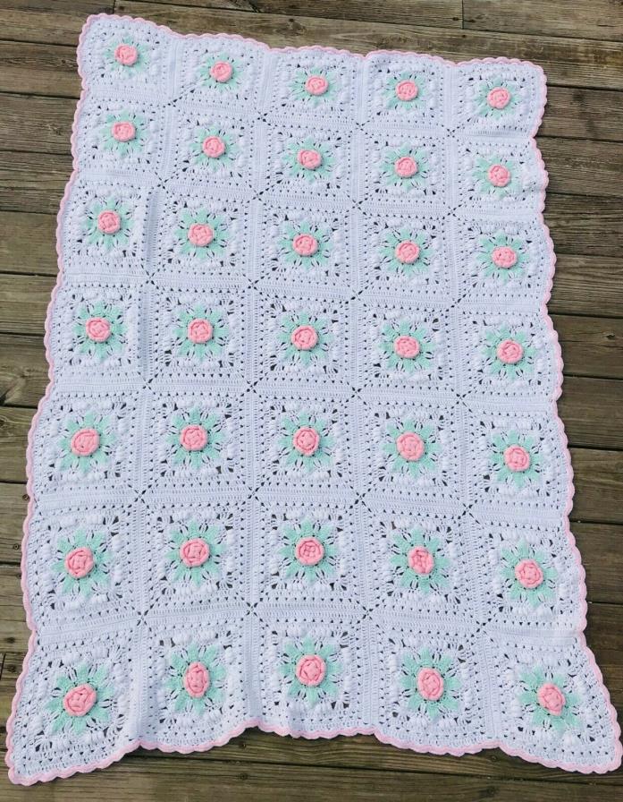 vintage crochet granny square Blanket 40x58 quilt crochet baby pink green floral