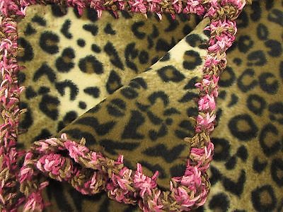 Leopard Spots Fleece Throw Blanket - Brown and Cream with Pink and Brown Crochet