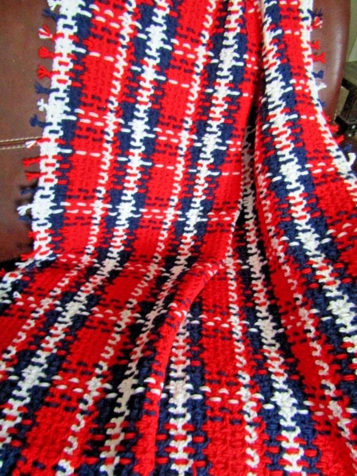 NEW HAND CROCHET RED, WHITE AND BLUE PLAID    AFGHAN LAP BLANKET THROW