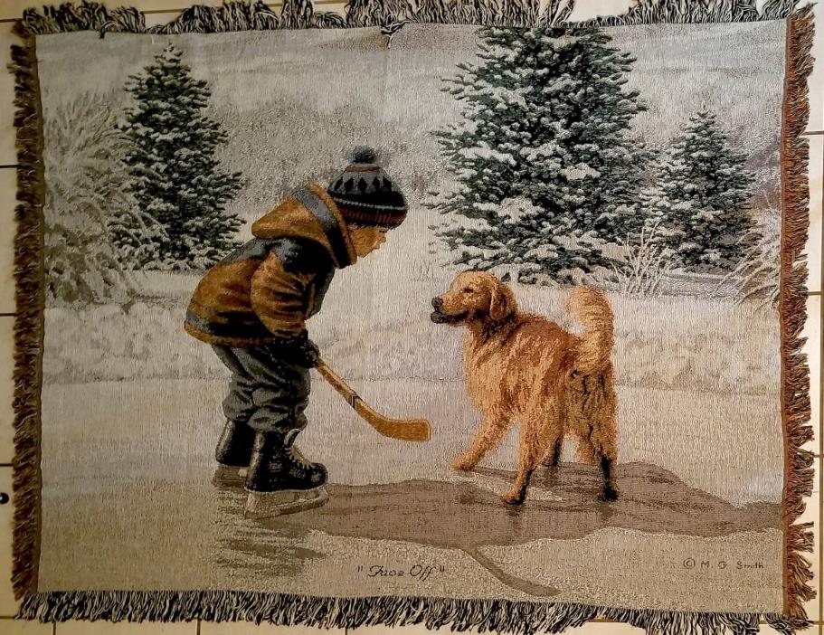 USA Made NWOT – Face Off Hockey Golden Retriever Tapestry Afghan Blanket