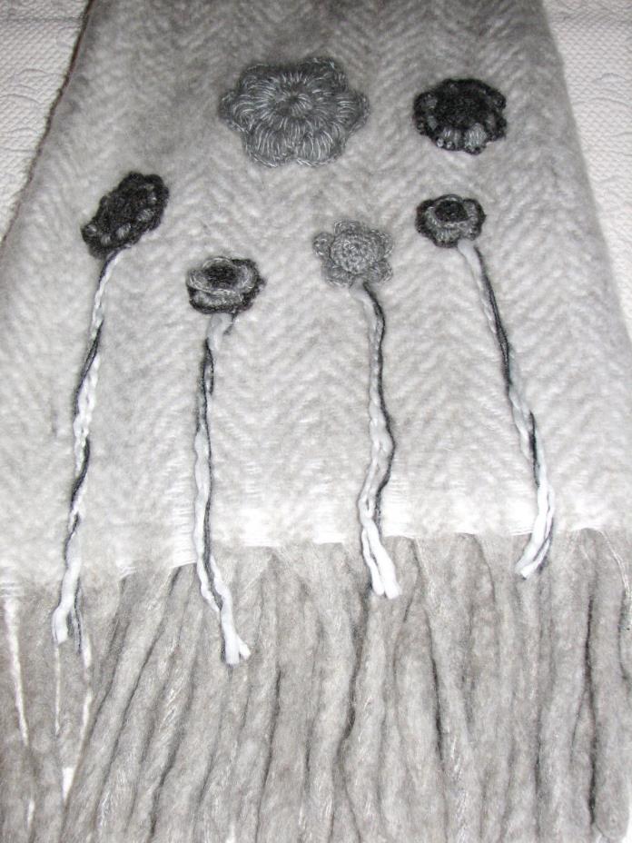 Gray Herringbone Luxury Wool Blend Throw Crochet Detail & Fringe Handknit India