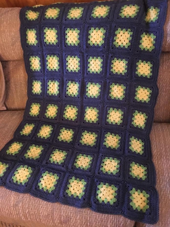 Crocheted Afghan or Lap Robe, Granny Square, Country Blue Yellow & Lime 34x48