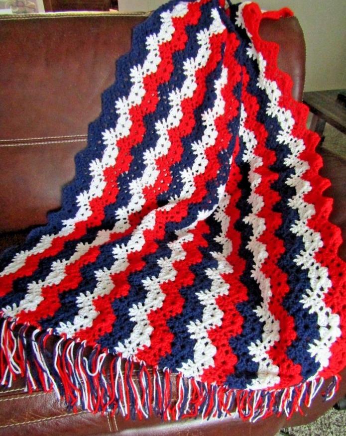 NEW HAND CROCHET RED, WHITE AND BLUE STRIPE    AFGHAN LAP BLANKET THROW