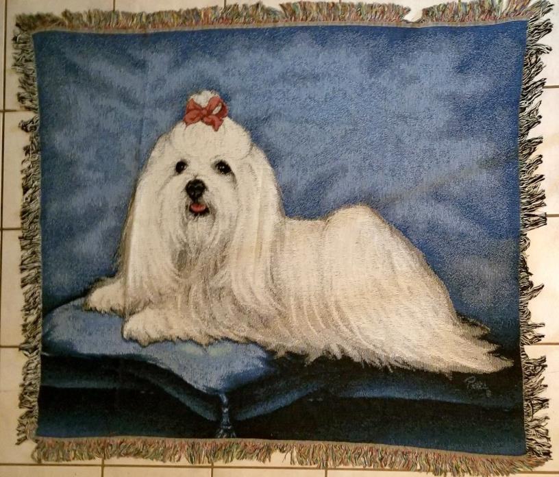 USA Made NWOT – Maltese Tapestry Afghan Throw Blanket ~ Linda Picken