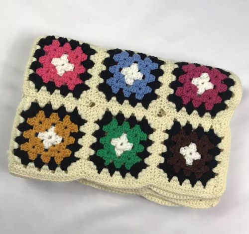 Vintage Afghan Cream Granny Squares  Colorful Flowers Boho Blanket Throw 32x41