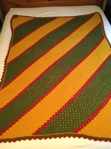 Vintage Crocheted Afghan Throw Autumn Fall Colors 46 X 61 Diagonal Stripe