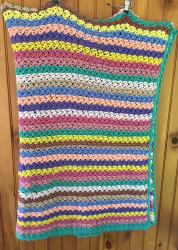 Hand Made Crocheted Multi Colored Striped Polyester Afghan Hand Crafted 114x80