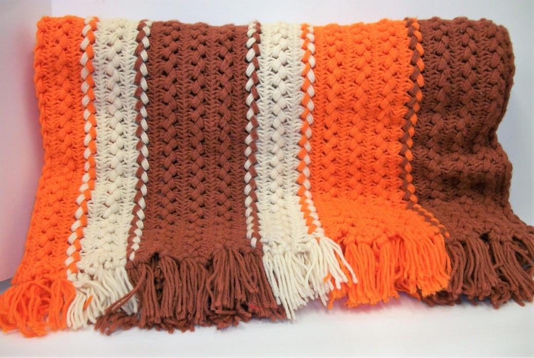 Hand Crocheted Fringed Afghan Blanket Lap Throw - Autumn Fall Colors