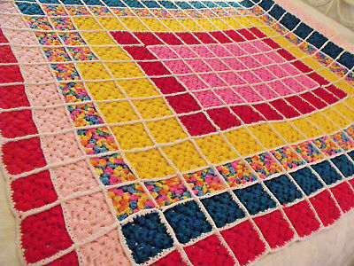 Vtg Cheery Crocheted Afghan Granny Squares Vivid Multi Colorful 3