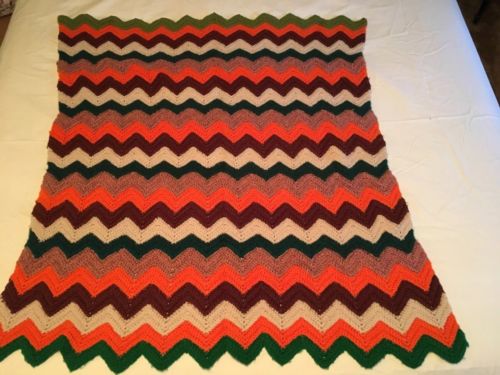 Afghan Blanket Spread  35 X 41 Handmade Fall Colors Crochet Chevron