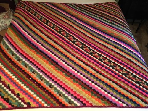 Vintage Afghan Blanket Spread Handmade 60 X 60 Multi Color Stripe Crochet
