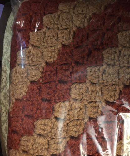 Vintage Crocheted Afghan Throw Autumn Fall Colors 36x38 Brown TanDiagonal Stripe