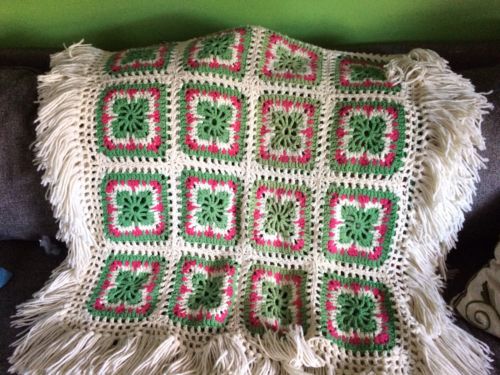 Blanket Handmade Knit Crochet Chair Throw Granny Square With Fringes