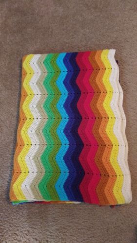 Vtg Hand Knit Crochet Granny Chevron Throw Blanket Afgan 68