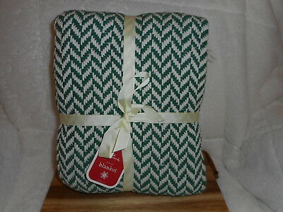 HALLMARK GREEN & WHITE TWEED WOVEN KNIT 100% COTTON THROW BLANKET 50
