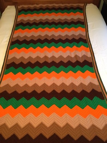 Afghan Blanket Spread 39 X 82 Handmade Fall Colors  Crochet Chevron