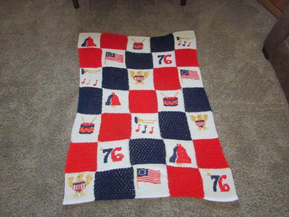 Vintage Bicentennial Red White & Blue Afghan 45 x 60 From Smoke Free Home