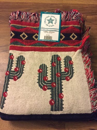 NWT New Jacquard Woven Throw Blanket “Cowboy Christmas” 46x67 USA 100% Cotton