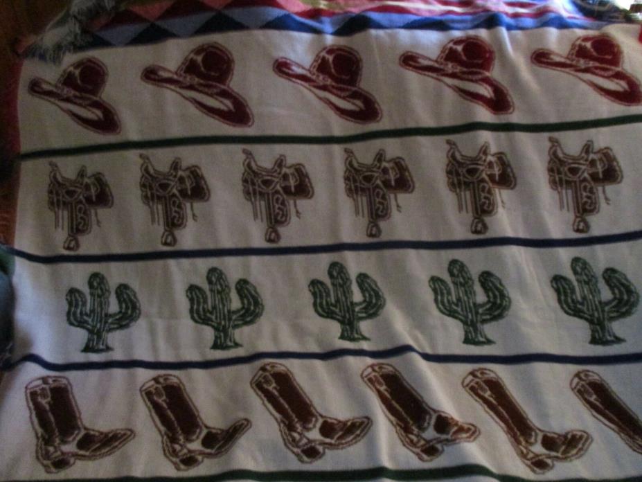 Rodeo Cowboy VINTAGE COTTON WOVEN TAPESTRY THROW BLANKET AFGHAN FRINGED HORSES