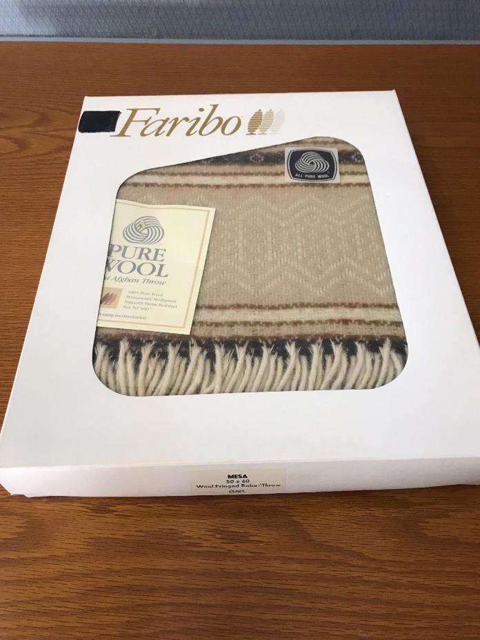 NEW VINTAGE FARIBO 100% WOOL FRINGED ROBE THROW BLANKET Mesa TAN BROWN 50X60 NOS